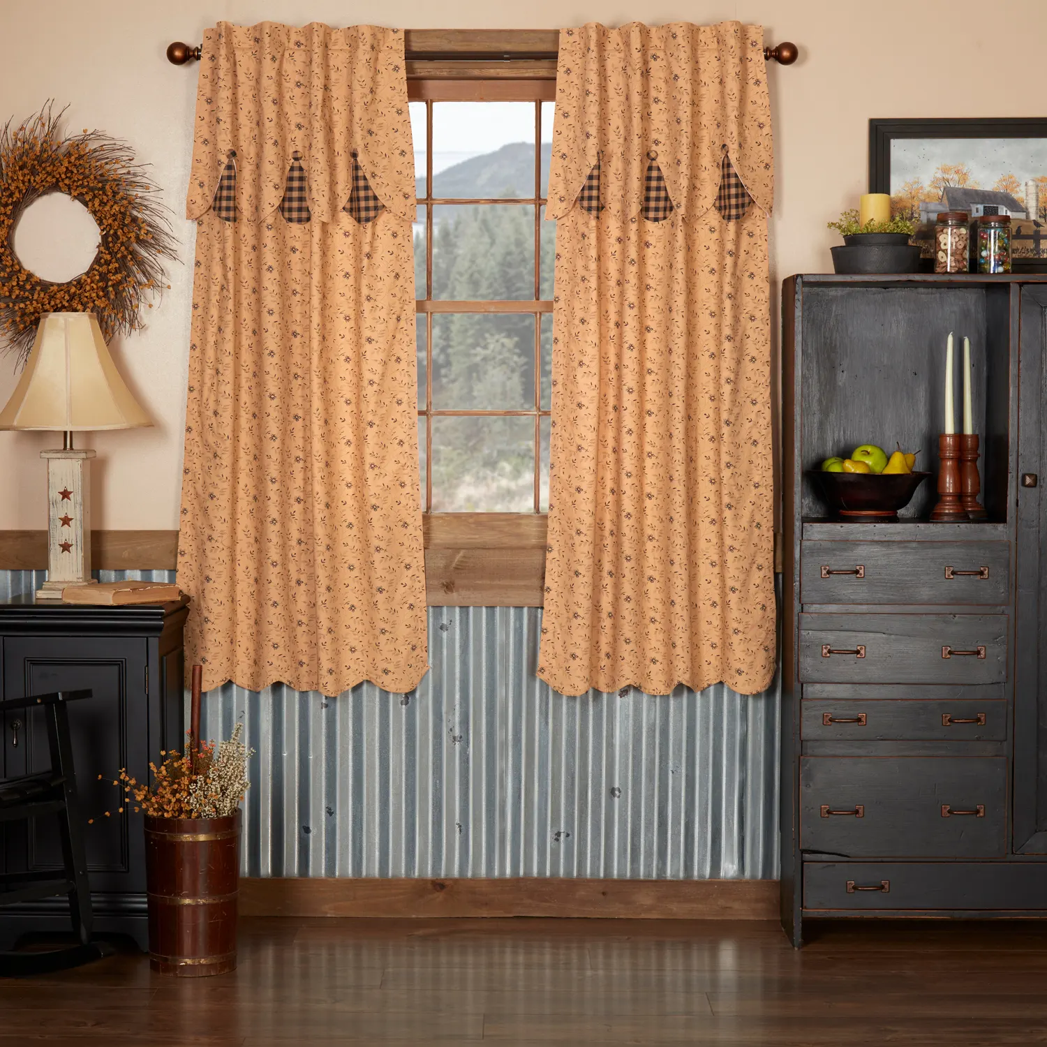 Maisie Short Panel Attached Scalloped Layered Valance hanging on window